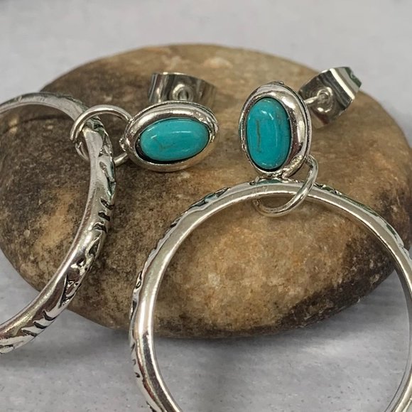 Jewelry - Etched Drop Hoop with Turquoise Gemstone Earrings